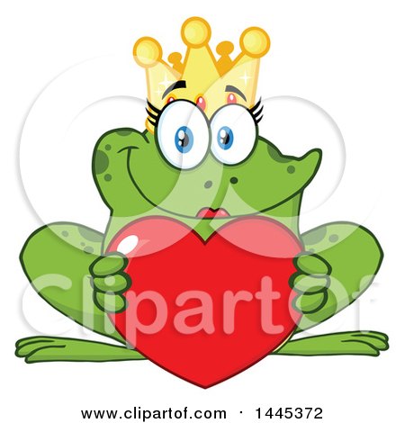 Clipart of a Cartoon Female Princess Frog Holding a Red Valentine Love Heart - Royalty Free Vector Illustration by Hit Toon