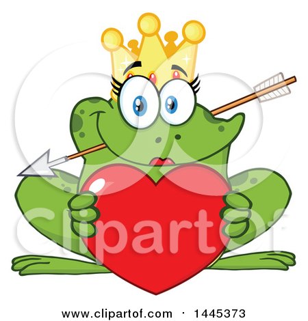 Clipart of a Cartoon Princess Frog Biting Cupids Arrow and Holding a Valentine Love Heart - Royalty Free Vector Illustration by Hit Toon