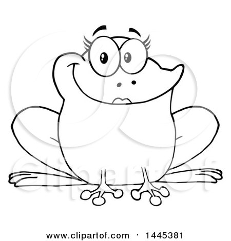 Clipart of a Cartoon Black and White Lineart Female Frog - Royalty Free Vector Illustration by Hit Toon