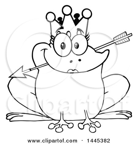 Clipart of a Cartoon Black and White Lineart Princess Frog Biting Cupids Arrow - Royalty Free Vector Illustration by Hit Toon