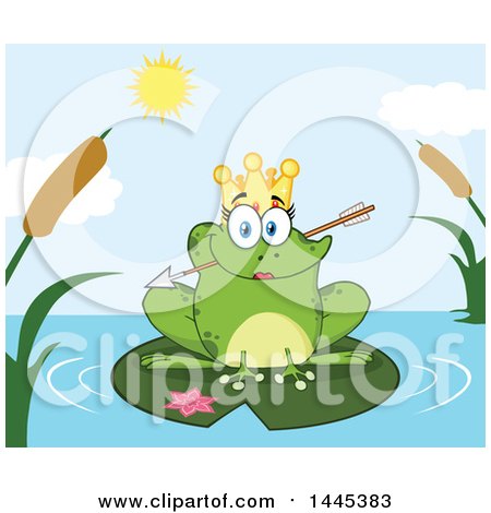 Clipart of a Cartoon Princess Frog Biting Cupids Arrow on a Lily Pad - Royalty Free Vector Illustration by Hit Toon