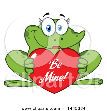 Clipart of a Cartoon Female Frog Holding a Red Valentine Be Mine Love Heart - Royalty Free Vector Illustration by Hit Toon