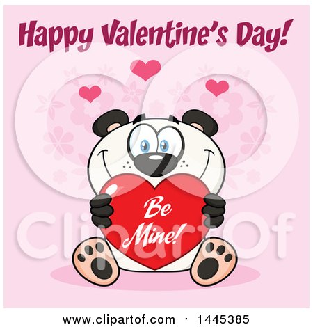Clipart of a Cartoon Happy Panda Holding a Red Be Mine Valentine Love Heart, with Text on Pink - Royalty Free Vector Illustration by Hit Toon