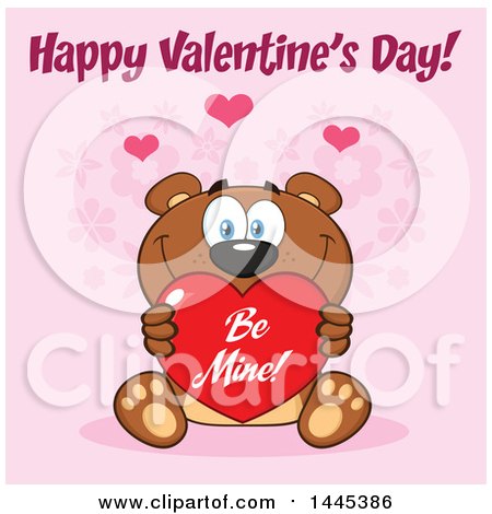 Clipart of a Cartoon Teddy Bear Holding a Be Mine Valentine Love Heart, with Text over Pink - Royalty Free Vector Illustration by Hit Toon