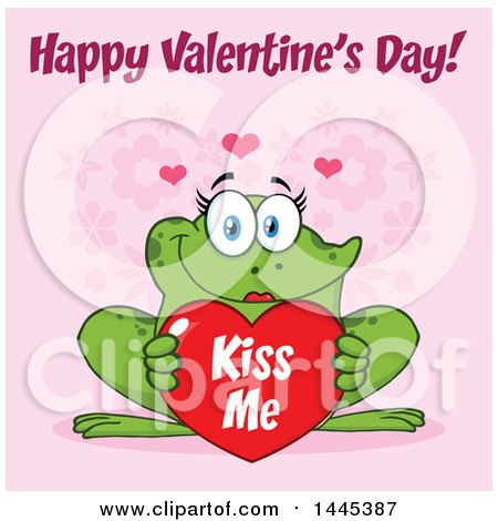 Clipart of a Cartoon Female Frog Holding a Red Valentine Kiss Me Love Heart, with Text over Pink - Royalty Free Vector Illustration by Hit Toon