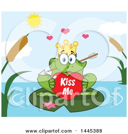 Clipart of a Cartoon Princess Frog Biting Cupids Arrow and Holding a Valentine Kiss Me Heart on a Lily Pad - Royalty Free Vector Illustration by Hit Toon