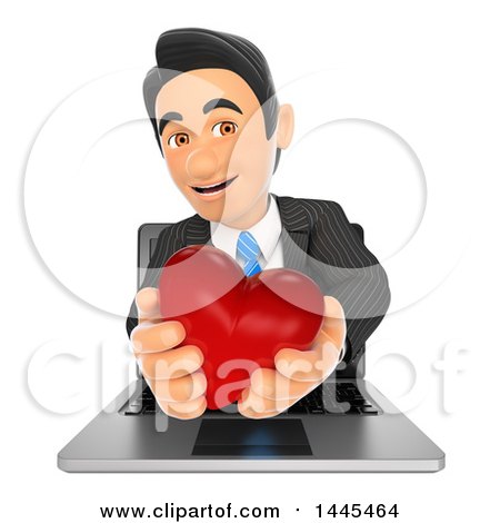 Clipart of a 3d Business Man Holding a Red Love Valentine Heart and Emerging from a Laptop, on a White Background - Royalty Free Illustration by Texelart