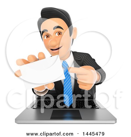Clipart of a 3d Business Man Emerging from a Laptop Screen and Holding out a Business Card, on a White Background - Royalty Free Illustration by Texelart