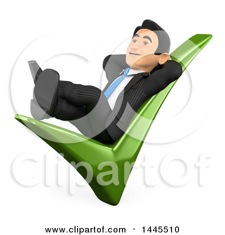 Clipart of a 3d Business Man Relaxing on a Check Mark, on a White Background - Royalty Free Illustration by Texelart