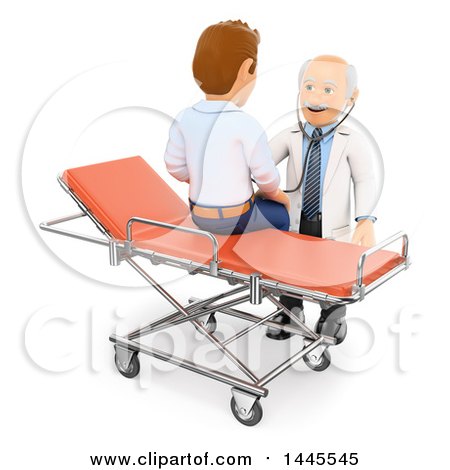 Clipart of a 3d Senior Caucasian Male Doctor Examining a Patient on a Gurney, on a White Background - Royalty Free Illustration by Texelart