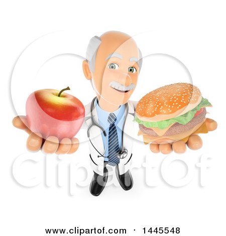 Clipart of a 3d Senior Caucasian Male Doctor or Nutritionist Holding up an Apple and Cheeseburger, on a White Background - Royalty Free Illustration by Texelart
