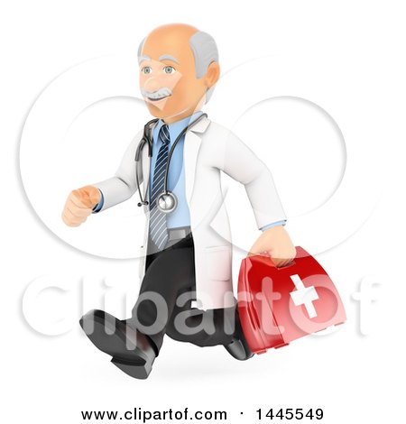 Clipart of a 3d Senior Caucasian Male Doctor or Veterinarian Running with a First Aid Kit, on a White Background - Royalty Free Illustration by Texelart