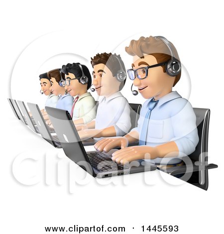 Clipart of a 3d Line of Call Center Business Men Working, on a White Background - Royalty Free Illustration by Texelart