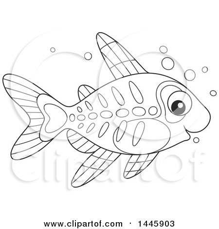 Clipart of a Cartoon Black and White Lineart Cute Xray Fish - Royalty Free Vector Illustration by Alex Bannykh
