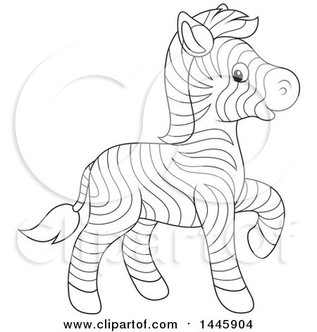 Clipart of a Cartoon Black and White Lineart Cute Baby Zebra Walking - Royalty Free Vector Illustration by Alex Bannykh