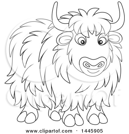 Clipart of a Cartoon Black and White Lineart Yak - Royalty Free Vector Illustration by Alex Bannykh
