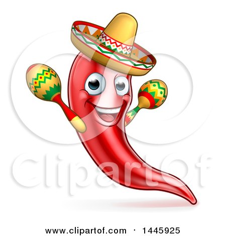 Clipart of a Happy Chile Pepper Mascot Character Playing Maracas and Wearing a Sombrero, Celebrating Cinco De Mayo - Royalty Free Vector Illustration by AtStockIllustration