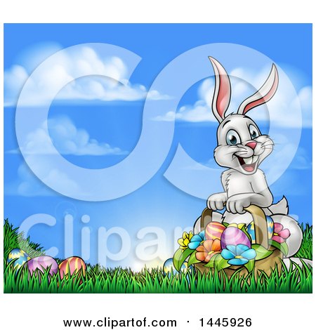 Clipart of a Happy Easter Bunny with a Basket of Eggs and Flowers in the Grass, Against a Blue Sky - Royalty Free Vector Illustration by AtStockIllustration