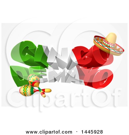 Clipart of a 3d Mexican Flag Colored Happy Cinco De Mayo Design with a Sombrero Hat and Maracas - Royalty Free Vector Illustration by AtStockIllustration