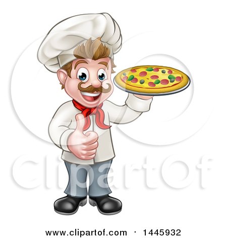 Clipart of a Cartoon Happy White Male Chef Holding a Pizza and Giving a Thumb up - Royalty Free Vector Illustration by AtStockIllustration