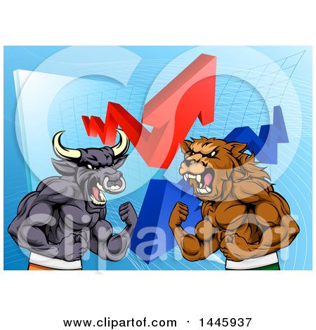 Clipart of a Muscular Brown Bear Man and Bull Ready to Fight over a Graph with Arrows - Royalty Free Vector Illustration by AtStockIllustration