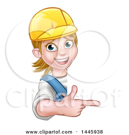 Clipart of a Cartoon Happy White Female Worker Wearing a Hardhat and Pointing Around a Sign - Royalty Free Vector Illustration by AtStockIllustration