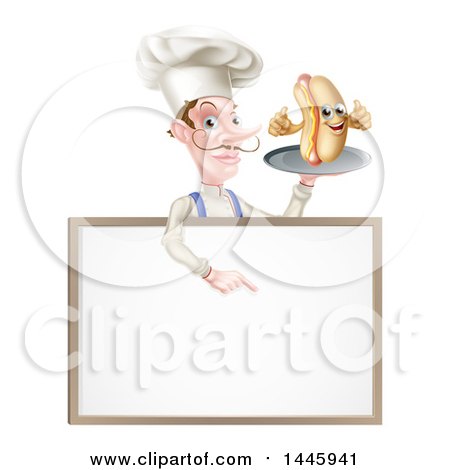 Clipart of a White Male Chef with a Curling Mustache, Holding a Hot Dog on a Platter and Pointing down over a White Menu Board Sign - Royalty Free Vector Illustration by AtStockIllustration