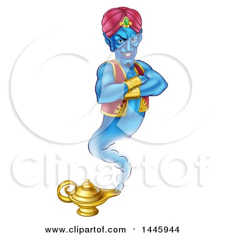 Clipart of a Blue Genie with an Evil Grin, Emerging from His Lamp - Royalty Free Vector Illustration by AtStockIllustration