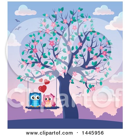 Clipart of a Sweet Owl Couple on a Swing in a Tree with Spring Blossoms at Sunset - Royalty Free Vector Illustration by visekart
