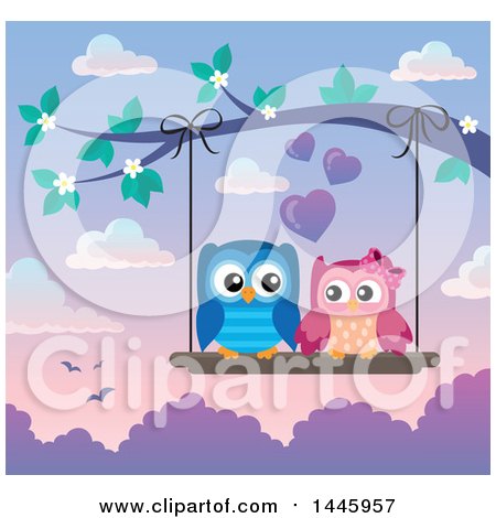 Clipart of a Sweet Owl Couple on a Swing Hanging from a Branch with Spring Blossoms at Sunset - Royalty Free Vector Illustration by visekart