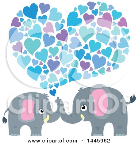 Clipart of a Cute Gray Elephant Couple Spraying Blue Hearts - Royalty Free Vector Illustration by visekart