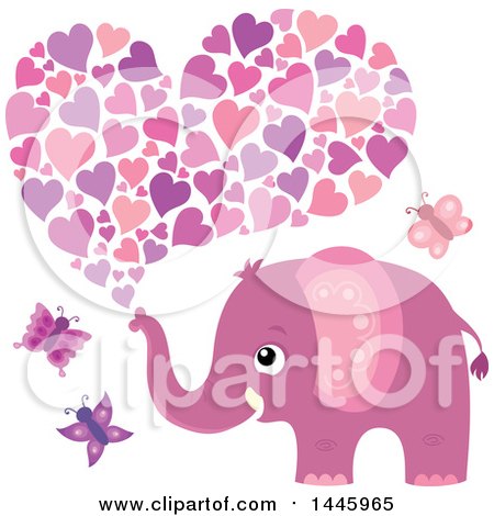 Clipart of a Cute Pink Girl Elephant with Butterflies, Squirting Hearts - Royalty Free Vector Illustration by visekart