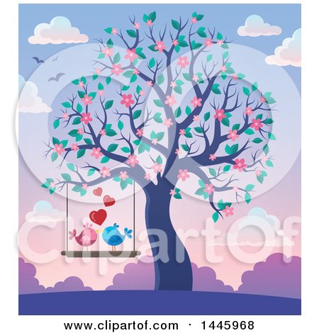 Clipart of a Pair of Valentine Birds on a Swing, with Hearts, Hanging from a Tree with Pink Blossoms at Sunset - Royalty Free Vector Illustration by visekart