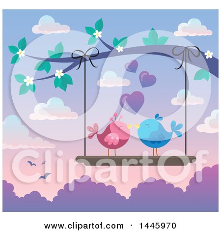 Clipart of a Pair of Valentine Love Birds on a Swing Hanging from a Tree Branch with Pink Blossoms at Sunset - Royalty Free Vector Illustration by visekart