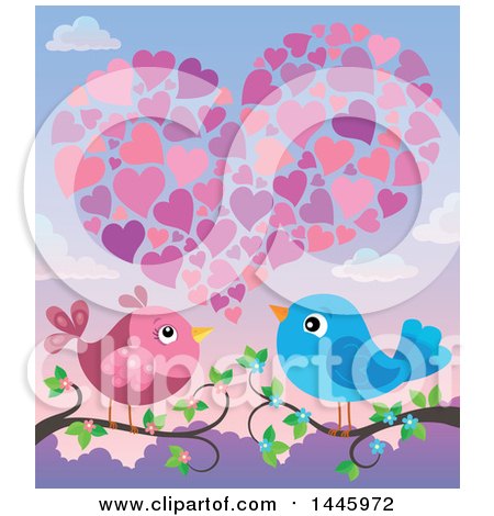 Clipart of a Pair of Valentine Love Birds on Branches, Under Hearts at Sunset - Royalty Free Vector Illustration by visekart
