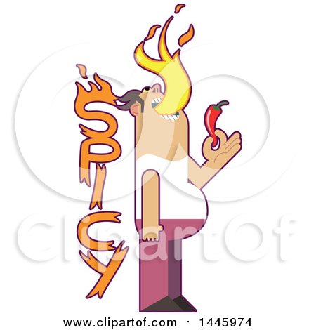 Clipart of a Cartoon Chubby Man Breathing Fire and Holding a Chile Pepper by the Word Spicy - Royalty Free Vector Illustration by Frisko