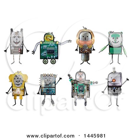 Clipart of Robots Made of Varius Materials, on a White Background - Royalty Free Illustration by NL shop