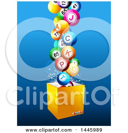 Clipart of a Box with 3d Lottery Jackpot Balls over Blue - Royalty Free Vector Illustration by elaineitalia