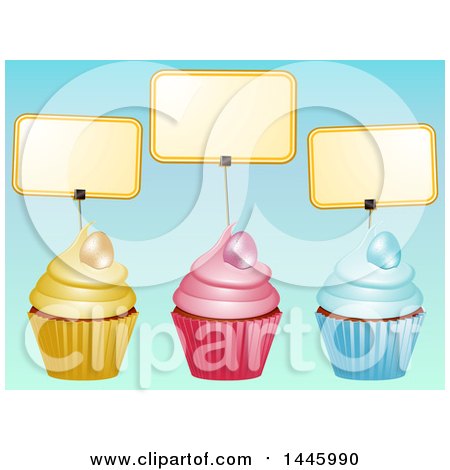 Clipart of Yellow, Pink and Blue Ester Cupcakes with Eggs and Labels on Blue - Royalty Free Vector Illustration by elaineitalia