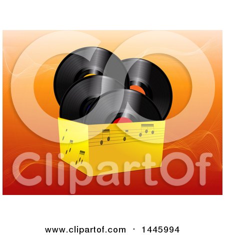 Clipart of a 3d Box of Music Notes and Vinyl Record Albums over Orange Waves - Royalty Free Vector Illustration by elaineitalia