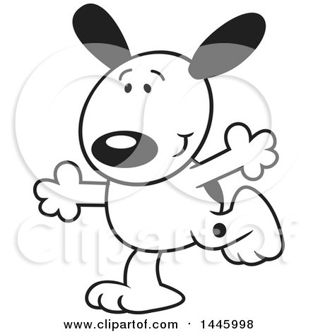 Clipart of a Cartoon Black and White Happy Puppy Dog Running Upright with His Arms Open - Royalty Free Vector Illustration by Johnny Sajem