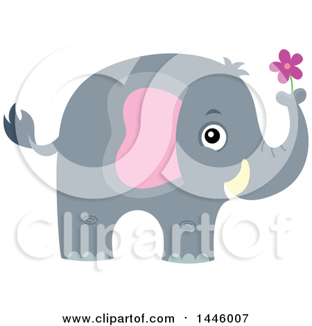 Clipart of a Cute Gray Elephant Holding a Purple Flower - Royalty Free Vector Illustration by visekart