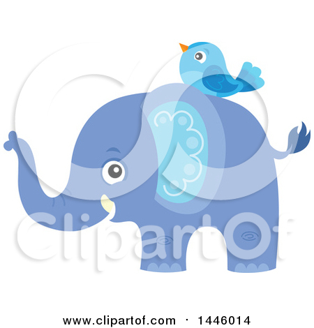 Clipart of a Cute Blue Boy Elephant with a Bird - Royalty Free Vector Illustration by visekart