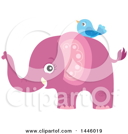 Clipart of a Cute Pink Girl Elephant with a Blue Bird - Royalty Free Vector Illustration by visekart