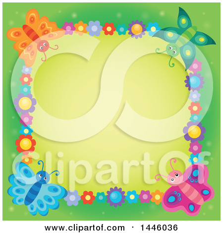 Clipart of a Square Colorful Flower and Butterfly Frame over Green - Royalty Free Vector Illustration by visekart