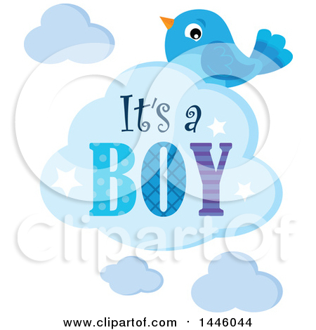 Clipart of a Blue Bird with Gender Reveal Its a Boy Text on a Cloud - Royalty Free Vector Illustration by visekart