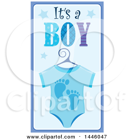 Clipart of a Blue Onesie with Gender Reveal Its a Boy Text and Footprints and Stars - Royalty Free Vector Illustration by visekart