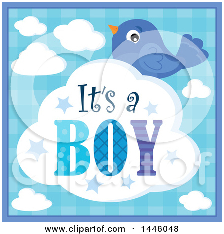 Clipart of a Blue Bird with Gender Reveal Its a Boy Text on a Cloud, Voer Plaid - Royalty Free Vector Illustration by visekart