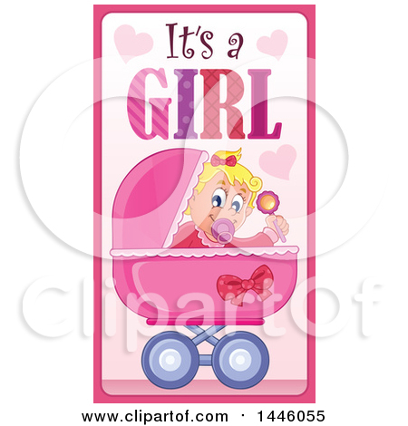 Clipart of a Caucasian Baby Girl in a Stroller with Gender Reveal Its a Girl Text - Royalty Free Vector Illustration by visekart