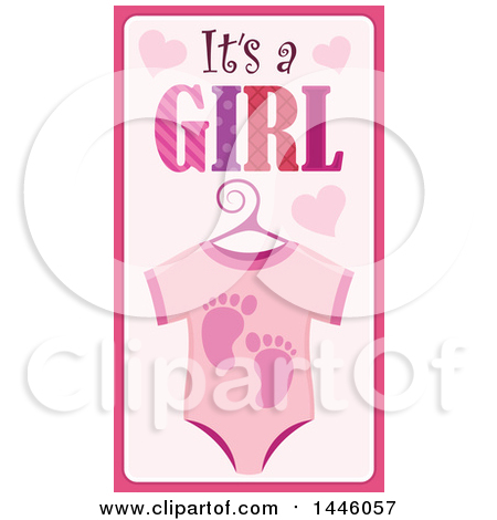 Clipart of a Pink Onesie with Gender Reveal Its a Boy Text and Footprints and Hearts - Royalty Free Vector Illustration by visekart